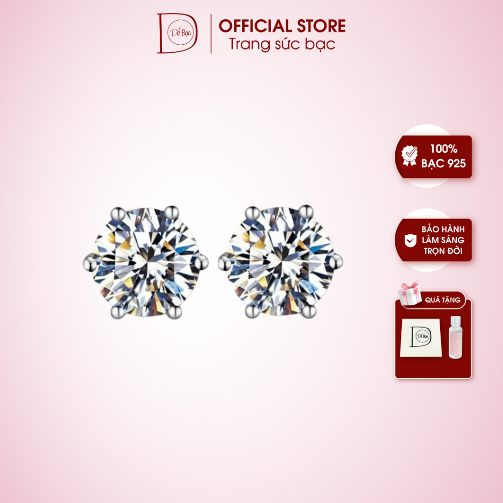 Khuyên tai bạc 925 dành cho nữ kim cương Moissanite 5 ly kiểm định GRA Dế Bạc nụ đá 6 chấu Tiny lấp lánh - K6395