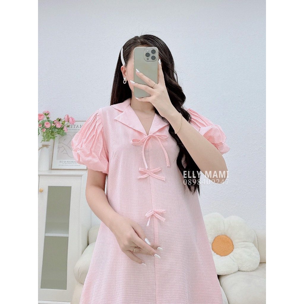 Đầm Bầu , Suông Kẻ Hồng , 3 Nơ,Tay Phồng,Form Dễ Mặc,Siêu Mát,Nhẹ Tênh