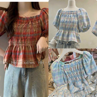 Áo Chun Ngực Tay Phồng Kẻ Ô, Áo Caro Pelum đan dây nhún lưng