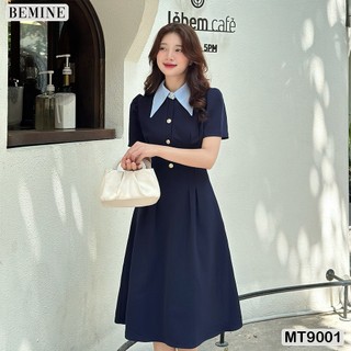 Đầm thiết kế phối cổ sơ mi đính nút tay phồng BEMINE MT9001