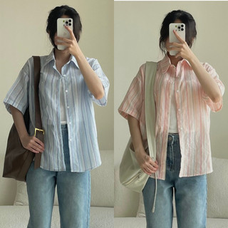 Áo sơ mi cộc tay kẻ sọc nữ màu pastel xanh hồng form rộng freesize thời trang nữ năng động trẻ trung 