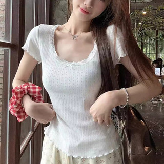 Áo Brandy Coquette cổ tròn Thun Cộc Tay Ngắn Viền ren đính nơ vải mát lolita cho nữ m1097