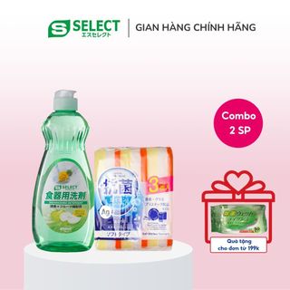 Combo Nước Rửa Chén Bát Và 3 Miếng Bọt Biển Rửa Bát Chứa Ion Bạc Kháng Khuẩn Loại Mềm S Select Nhật Bản