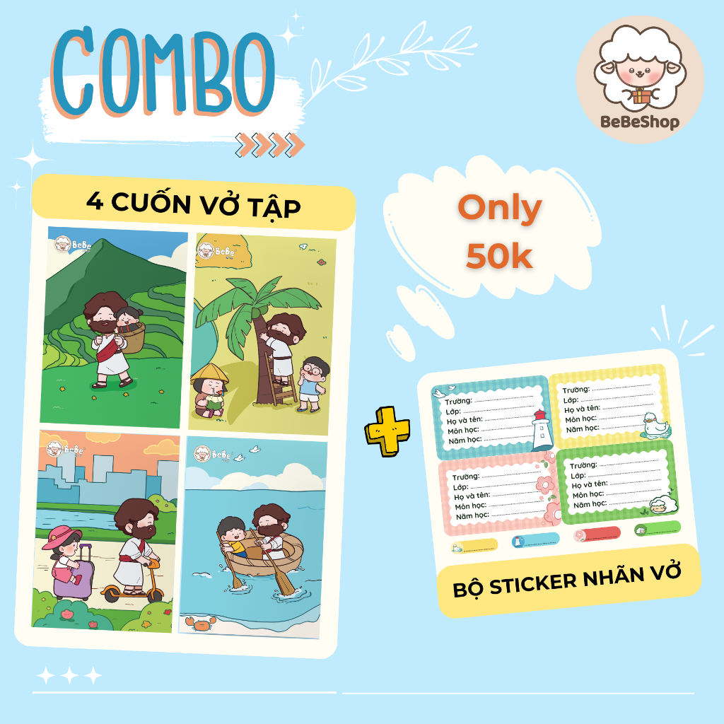 Combo 4 cuốn vở tập học sinh cao cấp 80gsm "Chúa ở cùng em" + bộ 4 sticker nhãn vở, nhãn dán gáy vở