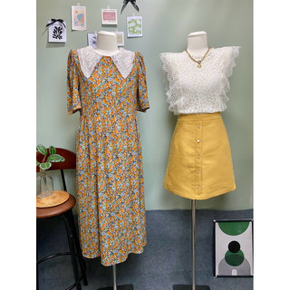 2hand. Đầm voan Babydoll hoạ tiết/ Áo ren hiệu/ Chân váy vàng ngắn