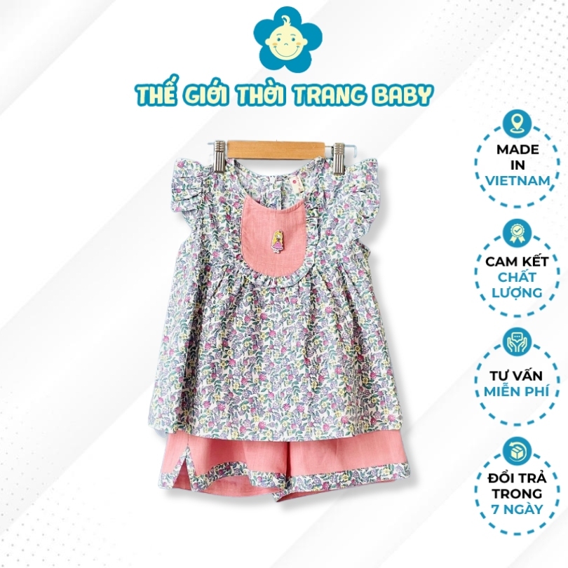Bộ đồ cho bé gái chất liệu cotton thoáng mát, tay ngắn họa tiết hoa nhí- xanh SE142