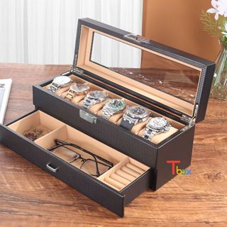 Hộp đựng đồng hồ trang sức - Hộp đựng 12 đồng hồ và ngăn trang sức bên dưới bằng da màu nâu