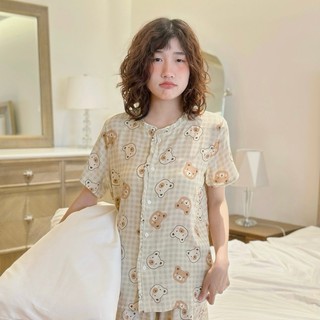 Bộ Đồ Ngủ Đũi Lạnh cổ tròn bèo pijama áo cộc-quần cộc hoạ tiết dễ thương Yellow Me