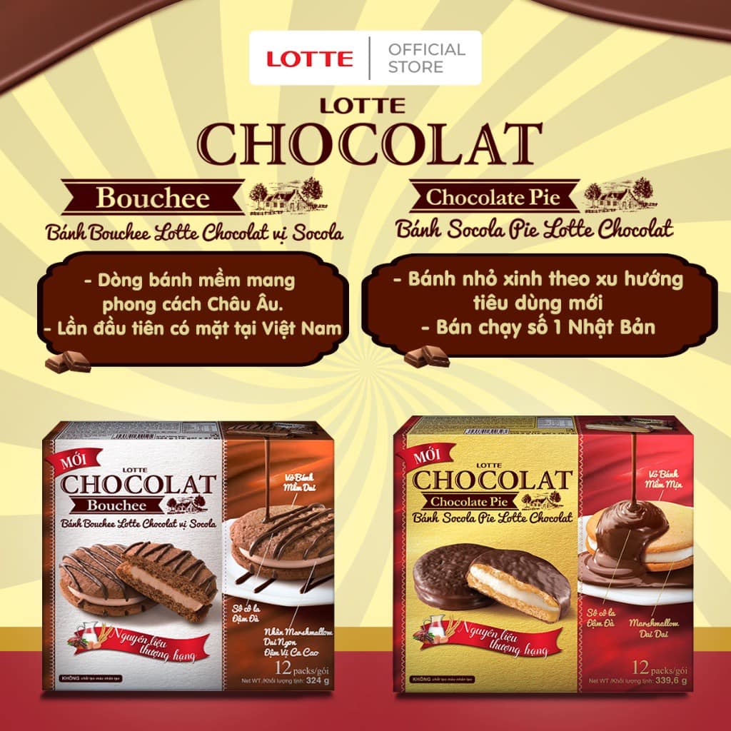Bánh Lotte Chocolat Pie vị Socola & Bánh Chocolat Bouchee hộp 12 cái
