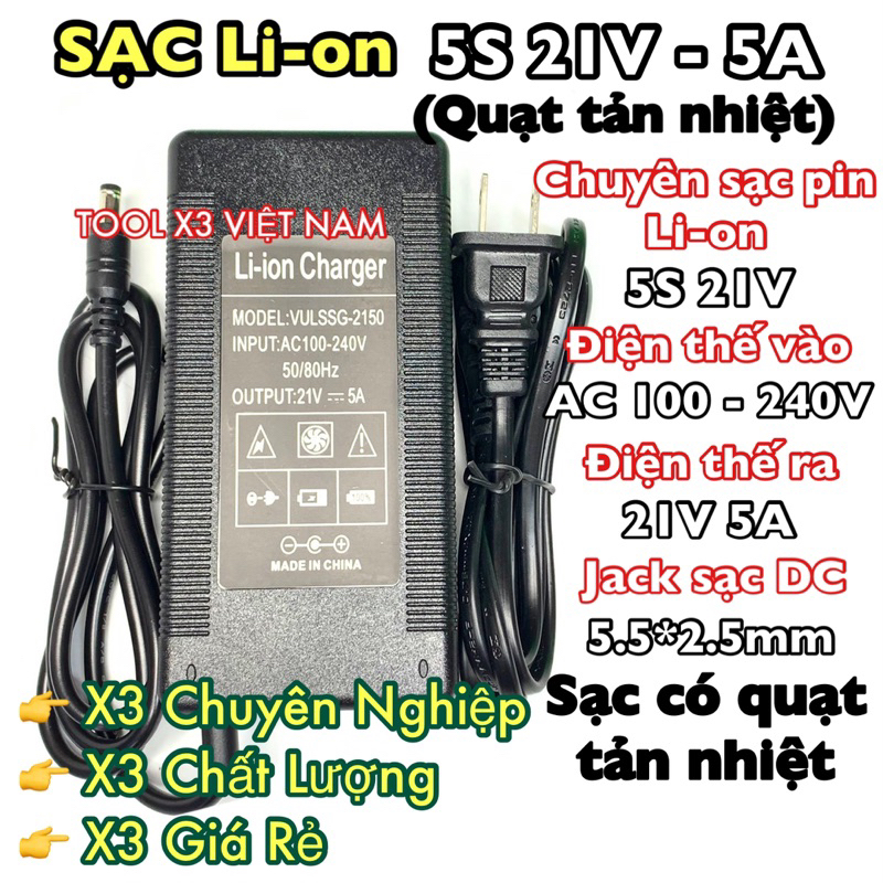 [5S5A - QH] Sạc 5S 21V 5A có quạt tản nhiệt, có đèn báo đầy (ToolVN)