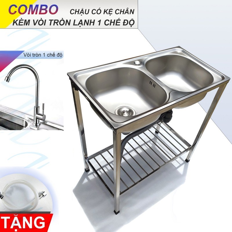 COMBO Chậu Rửa Chén Bát 2 Hộc 78x43cm Có Chân Kèm Vòi Inox Nước Lạnh KAZTA - Gồm kệ chân, chậu, vòi, bộ xả tặng dây cấp