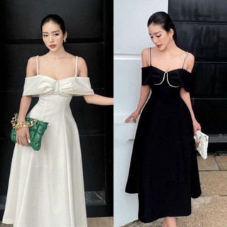 BIGSIZETIX Đầm dự tiệc bẹc vai dáng dài đính dây đá (có mút ngực) 50-90kg
