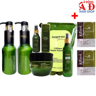 Dầu gội xả, hấp ủ, tinh dầu, xịt dưỡng tóc Sophia collagen repair phục hồi + 2 gói dầu xả Karseell 15ml