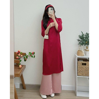 Áo dài lụa cách tân cổ tròn màu rêu/đỏ kèm quần phi trơn