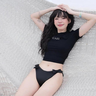 Set bikini áo croptop kèm quần thêu chữ cazi chất thun cotton hot cc0092