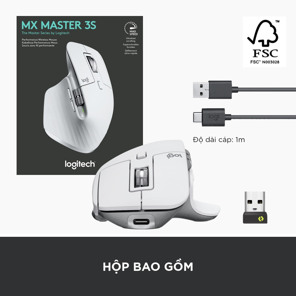 Chuột không dây Logitech MX Master 3S Bluetooth USB kèm Cáp sạc 7 nút Cuộn siêu nhanh Chính hãng Bảo hành 12Tháng | BigBuy360 - bigbuy360.vn