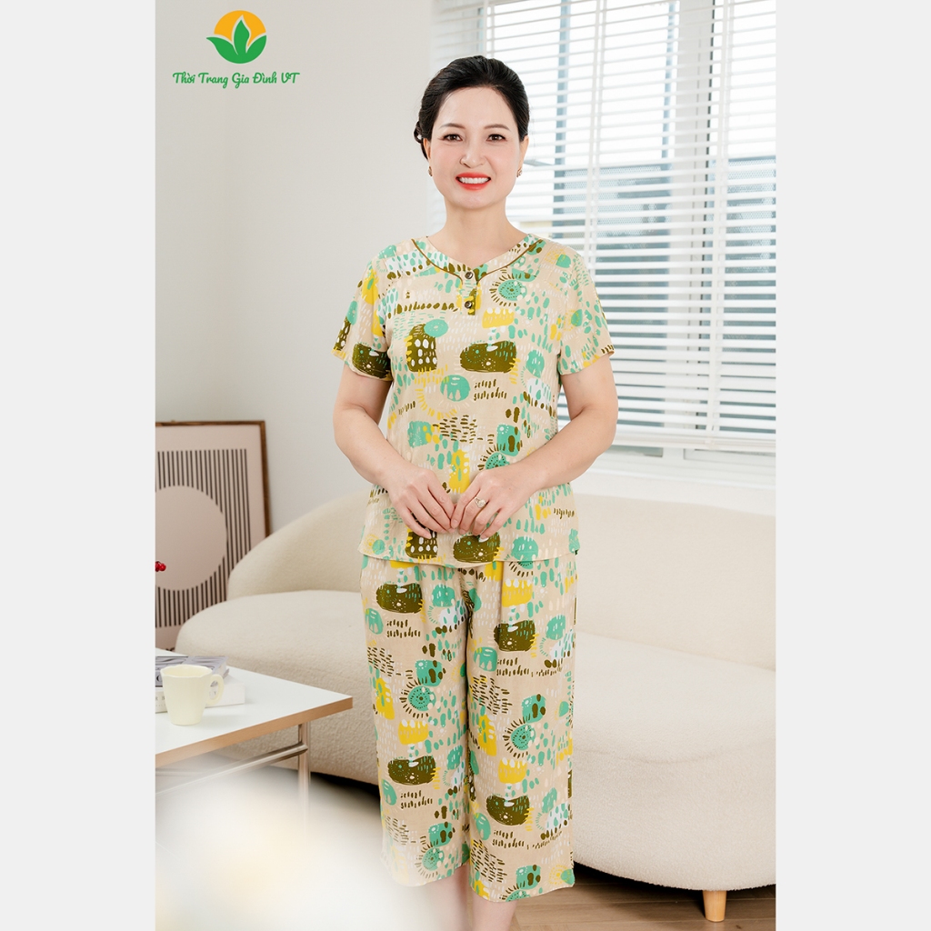 Bộ lanh mặc nhà trung niên Việt Thắng quần lửng áo cộc tay cổ lé màu - B06.2420