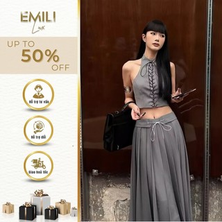 Set áo không tay kiểu cách Emili phối chân váy xếp ly dài dáng xòe 