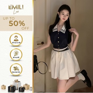 Set áo thun body cổ bẻ thủy thủ Emili phối chân váy ngắn phong cách kiểu nữ 