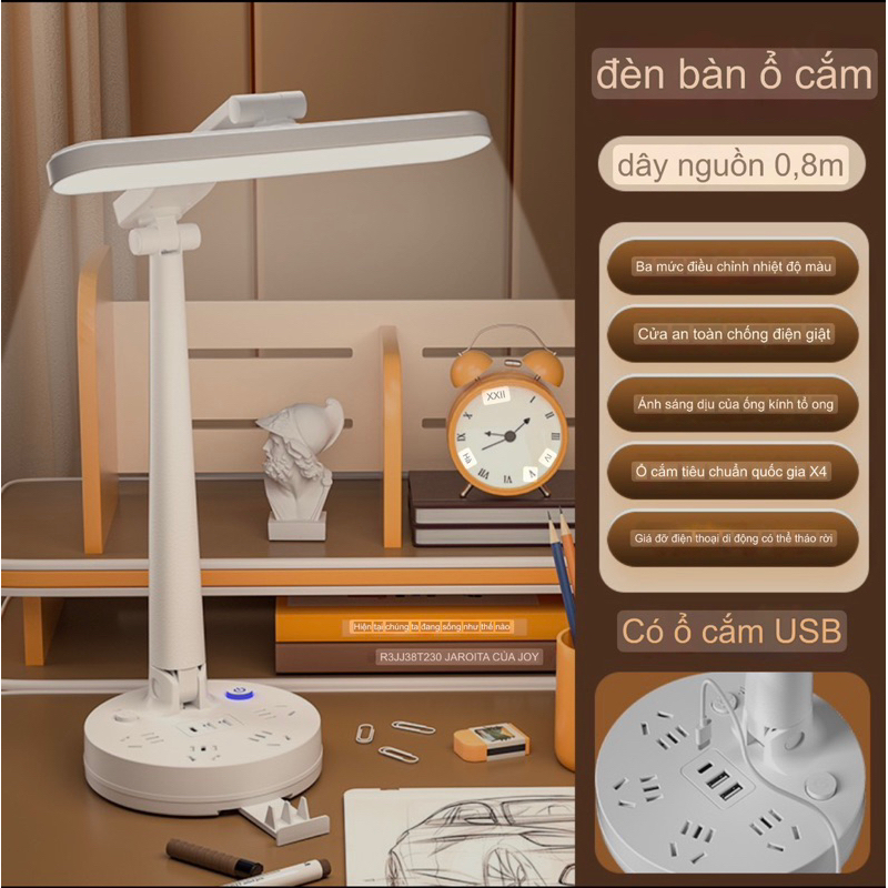 [Hàng Mới] Đèn học để bàn chống cận Decor, Đèn LED bảo vệ thị lực tích hợp ổ cắm điện, cổng sạc USB,