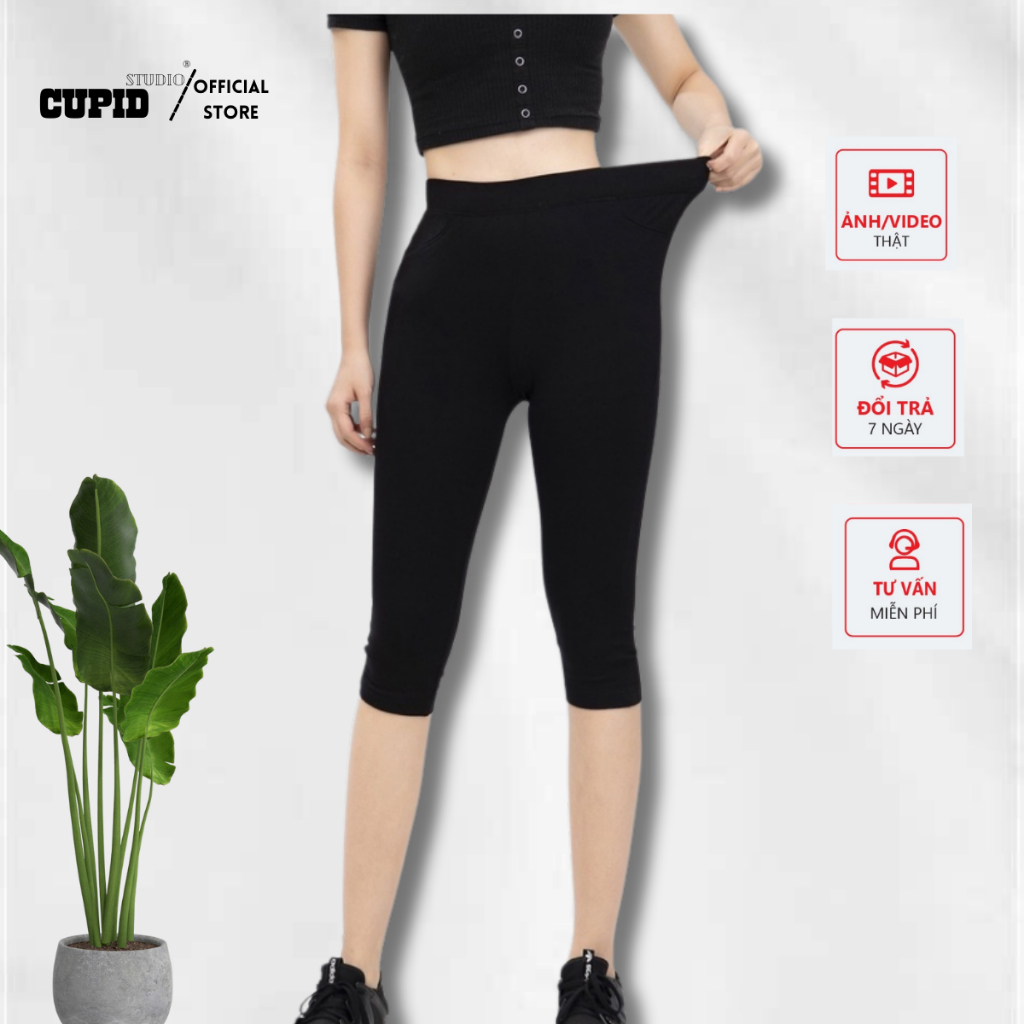 Quần legging ngố lửng qua gối cạp cao nữ  nâng mông, quần legging cotton siêu co giãn