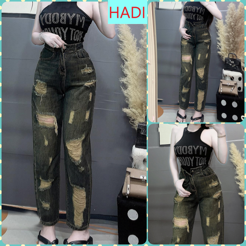   BGNY515  QUẦN BAGGY JEANS NỮ LƯNG CAO RÁCH CÀO TE TUA ĐÙI MÀU XANH PHỦ VÀNG BỤI LAI CUỐN TÔN DÁNG SIÊU HOT HIT 