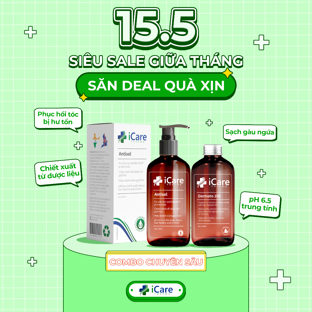 Combo Dermato 200 & Dầu Gội Sạch Gàu Antisol | Thương Hiệu iCare Pharma | Hỗ Trợ Phục Hồi Tóc Hư Tổn, Ngăn Ngừa Rụng Tóc