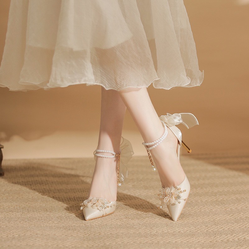 Giày cao gót nữ GSC135 cao 7 phân,giày đi tiệc nữ có ba màu trắng,kem, đen sang trọng trẻ trung