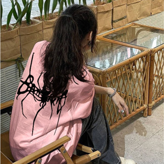 Màu Hồng 2024 vintage áo phông nữ form rộng nhện logo in ấn cổ tròn dáng rộng áo thun 100%cotton local brand