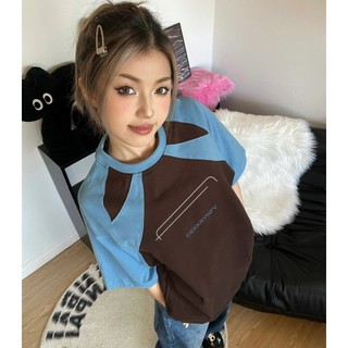 Foucs local brand áo phông raglan nữ raglan màu xanh in ấn ấo thun form rộng 100%cotton
