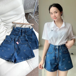 Quần short jean thêu nơ lưng cao