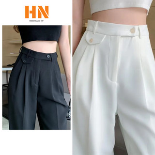 Quần suông nữ ống rộng cạp cao clulttes cao cấp hack dáng quần vải tây âu dáng đứng hàn quốc túi chéo đen,trắng 35-hn