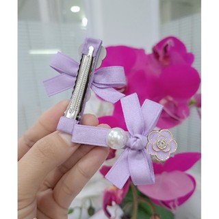 Set 2 kẹp tóc mái nơ lụa mờ đính charm xinh xắn