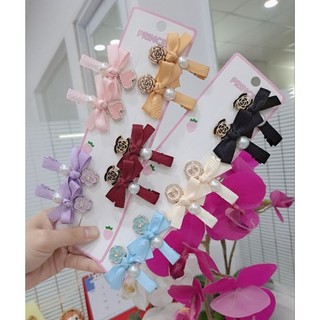Set 2 kẹp tóc mái nơ lụa mờ đính charm xinh xắn