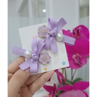 Set 2 kẹp tóc mái nơ lụa mờ đính charm xinh xắn