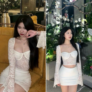 Set áo crop ren lưới cúp ngực tay loe mix chân váy ngắn