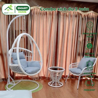 Combo Xích Đu + Ghế + Bàn Mây Khung Kim Loại Sơn Tĩnh Điện Đan Bằng Mây Nhựa Nguyên Sinh/ SmartHomes