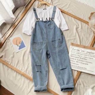Yếm jean dài nữ JL JohnsonLi , rách gối, vải mềm mịn, không ra màu, không co giãn  phong cách ulzzang