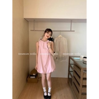 (ORDER) Váy ba lỗ vải thô chữ A cổ rút dây thắt nơ sau lưng, gấu váy rút dây phồng bồng bềnh nụ hoa điệu đà