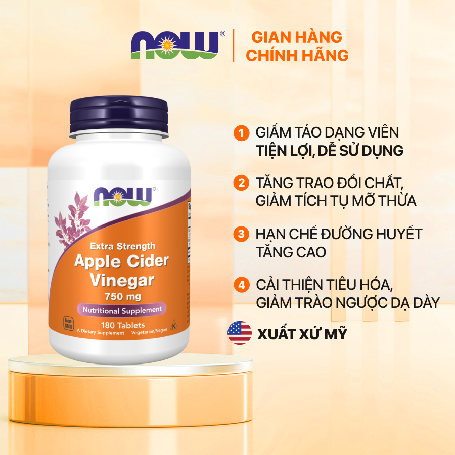 Viên uống giấm táo giảm cân Now Apple Cider Vinegar (180 viên) hỗ trợ giảm mỡ, cải thiện tiêu hóa
