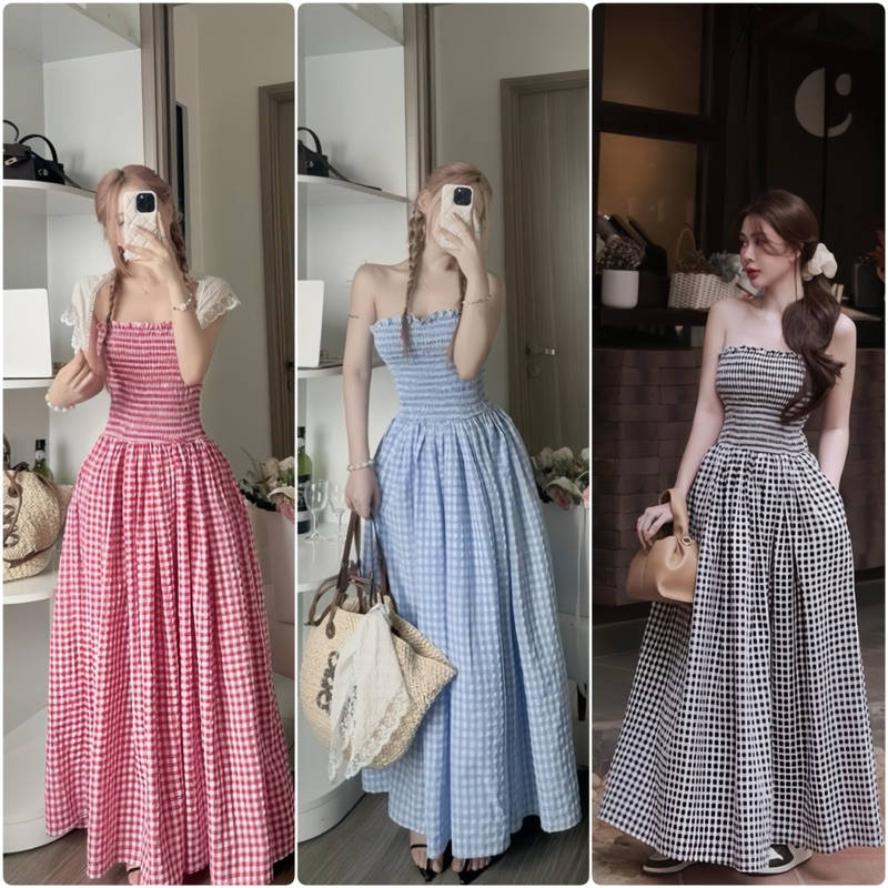 Váy Maxi Cúp Nguc Bo Chun Kẻ Caro Chất Đũi Có Túi Hông