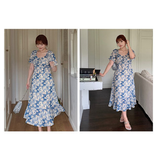 Đầm maxi big size hoa xanh cổ U tay phồng size 5XL 85-100kg