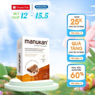 Viên Ngậm Manukan vị quế, giảm ho khan, ho có đờm, viêm họng, hỗ trợ bổ phế (hộp 16 viên)