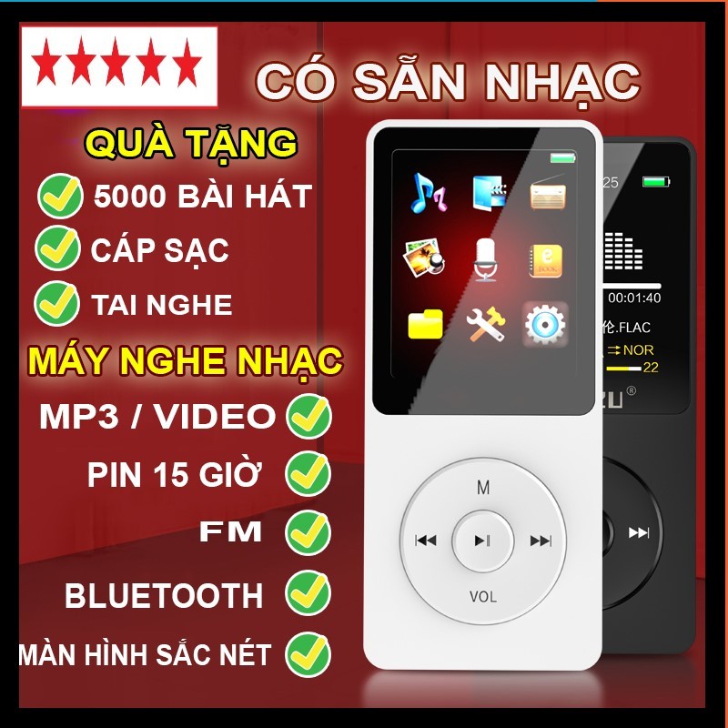  Máy nghe nhạc mp3 Mp4  nghe đài FM kết nối bluetooth có màn hình lcd loa ngoài kèm tai nghe 