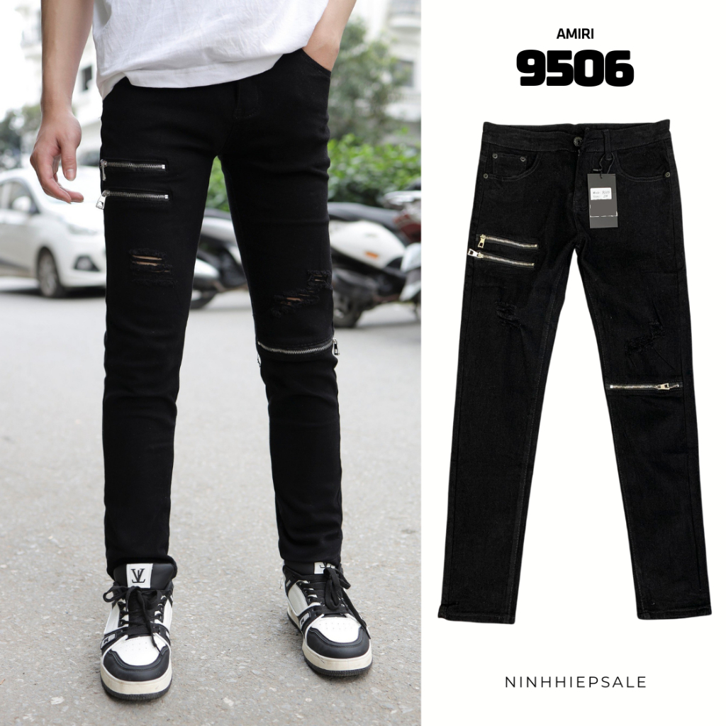 Quần jean nam Amiri, quần jean rách gối Amiri dáng côn hàng Quàng Châu, quần bò nam đen Amiri skinny quảng châu 9506