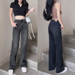Quần jeans nữ BigSize Suông Ống Đứng MoLi Jean 4474 0091 MLJ Lưng Cao Co Dãn Mạnh Màu Xám Chuột Thời Trang BigSize