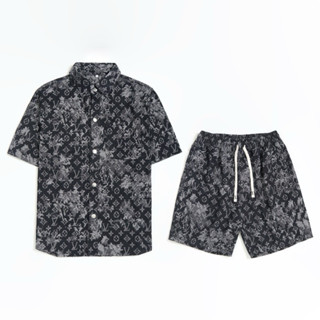 Set Bộ Denim Sơ Mi Jean Hoạ Tiết Loang Dày Dặn Cho Nam Ngắn Tay