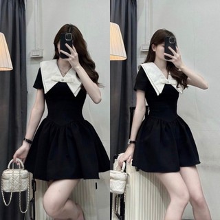 [Tặng Tag Đá Hoa/ 3 Size]: Váy Xòe Mini Cổ Nhọn Phối Trắng Nơ Ngực Đáng Yêu Có Quần Bảo Hộ Kèm Ảnh Thật Lollaye [V73]