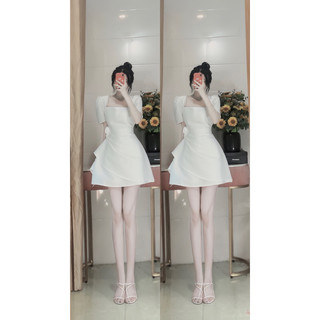 váy tacta cổ vuông viền đá eo hoa xếp vạt