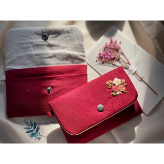 Ví vải linen 2 ngăn thêu tay hoạ tiết hoa hồng